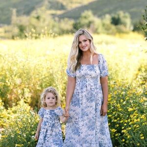Mommy and Me Blue and White Floral Morning Lavender Zoey Dress